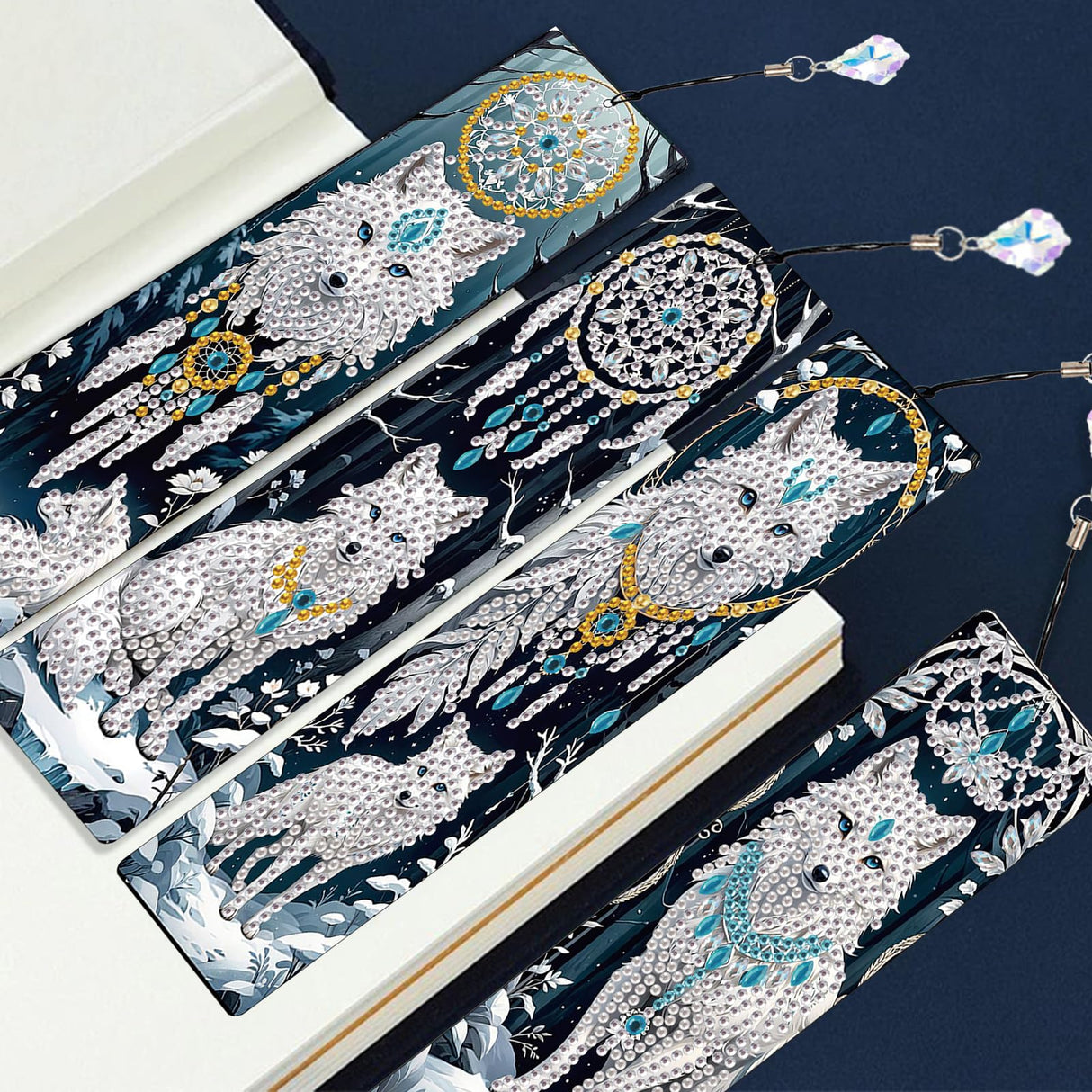 JISHSHAY 4 PCS Diamond Art Book Marks Wolf Diamond Painting Bookmarks Dreamcatcher Gem Art Bookmarkers Animal Gem Painting Book Markers Mosaic Kits for Adults Page Markers Embroidery Bookmarks JISHSHAY