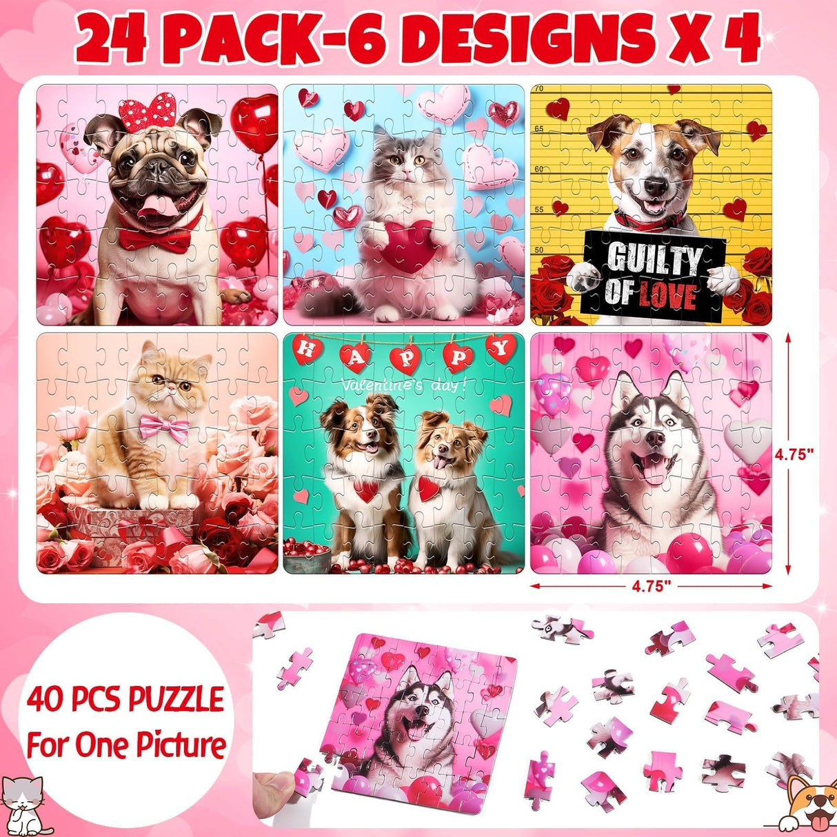Asoulin Valentine Day Gifts for Kids, 24 Packs Valentine Day Cards for Kids School with Cat & Dog Jigsaw Puzzles Toys Birthday Gifts for Kids Toddler Boys Girls Goodies Bags Classroom Gifts Exchange Asoulin