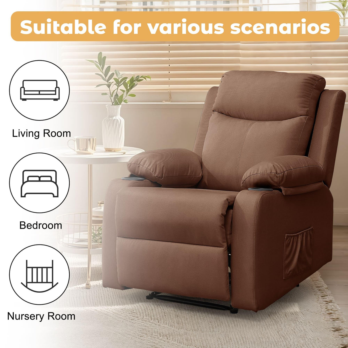 Korser Recliner Chair, Small Recliners for Small Spaces, Manual Recliner with Cup Holders and Side Pockets, Reclining Chair, Chairs for Living Room, Bedroom, Nursery, Brown Korser
