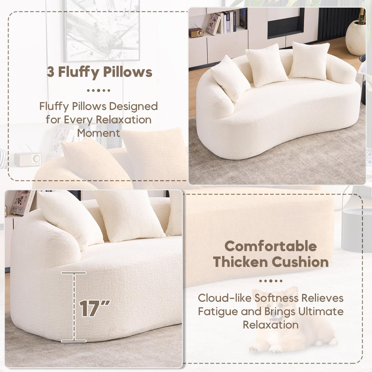 VYNELITO Loveseat Sectional Sofa for Living Room, 65" Modern Luxury Plush Chenille Sofa Extra Deep Seat Curved Cloud Floor Couch with 3 Throw Pillows for Small Spaces, Beige White VYNELITO