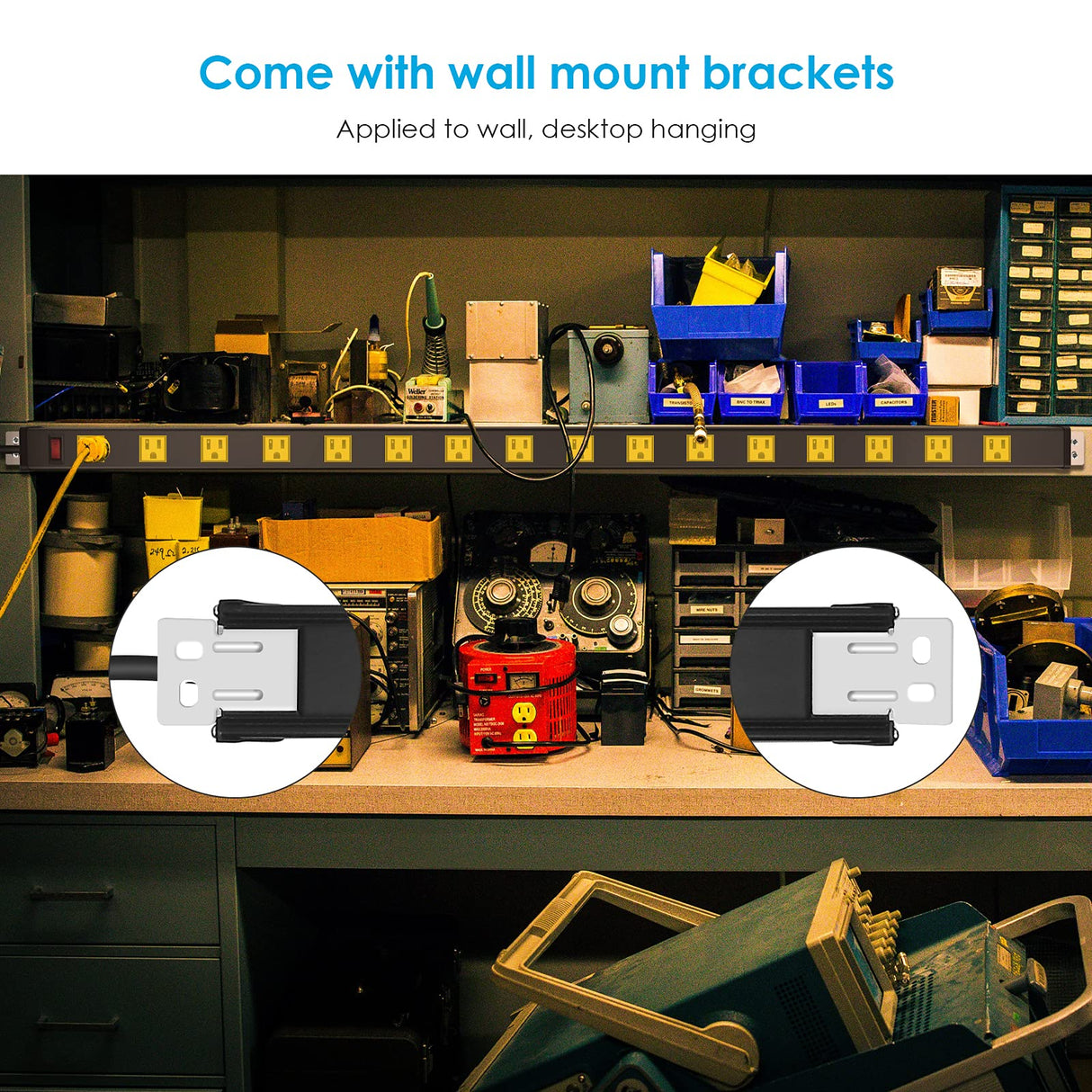 JUNNUJ Long Metal 16 Outlet Power Strip, Wide Spaced Garage Industrial Power Strip, Heavy Duty Power Strip with 6 FT Cord 15A, 125V, 1875W. Yellow JUNNUJ