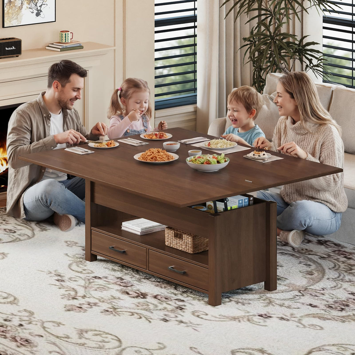 Garvee 40" Coffee Table Lift Top, Multi-Function Convertible Coffee Table with Drawers and Hidden Compartment, Converts to Dining Table for Living Room, Brown Garvee