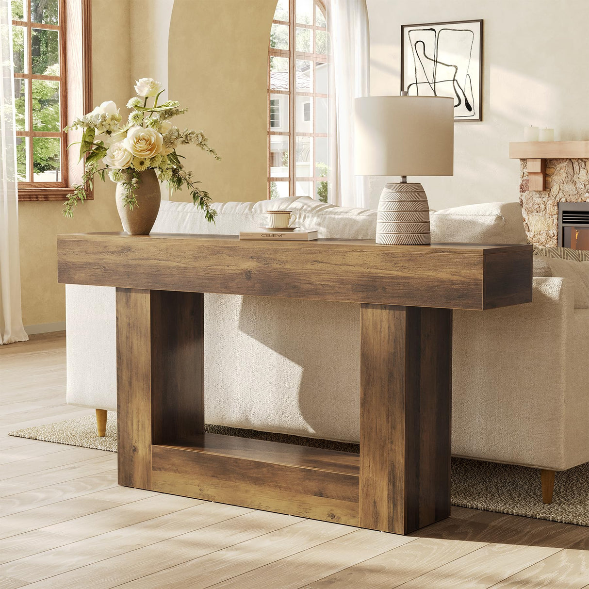 LITTLE TREE 63 Inches Long Console Table, 2-Tier Farmhouse Sofa Table Behind Couch, Large Narrow Entryway Table for Living Room, Wooden Hallway Foyer Table with Heavy Duty Base, Rustic Brown LITTLE TREE