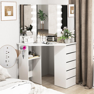 GOFLAME Corner Vanity with Mirror and Lights, Compact Vanity Table with Charging Station, 3 Lighting Modes, 5 Drawers, Dressing Table, Modern Makeup Vanity Desk with Triple Mirror for Bedroom (White)