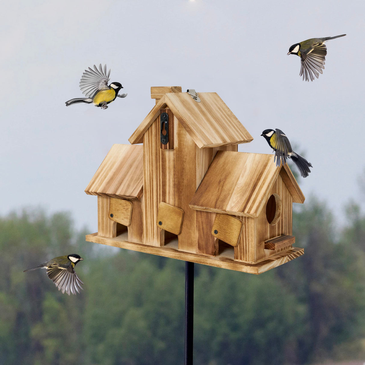 MIXUMON Bird Houses for Outside, Outdoor 3 Hole Bird House Room for 3 Bird Families Bluebird Finch Cardinals Hanging Birdhouse for Garden (Style 1) MIXUMON