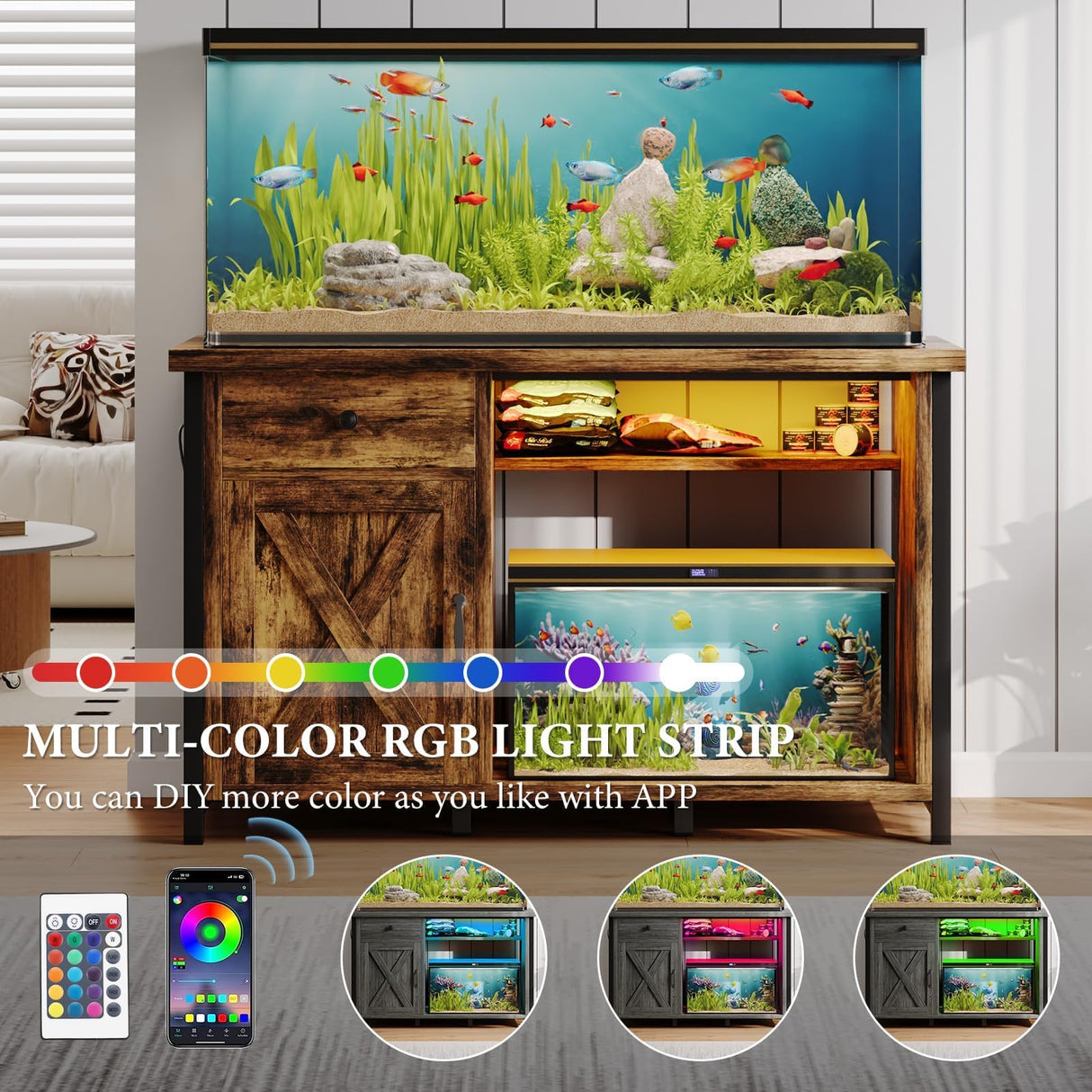4ever2buy 55-75 Gallon Fish Tank Stand with Power Outlets, LED Light, Heavy Duty Aquarium Stand with Cabinet for Fish Tank Accessories Storage, for Turtle Tank, Reptile Terrarium, 1100LBS, Black 4ever2buy