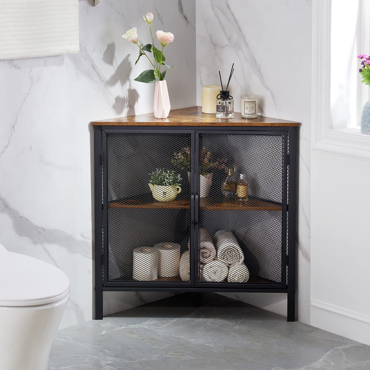 VECELO Corner Cabinet with Two Doors and Shelves, Free-Standing Storage Organizer for Small Space in Living Room/Bedroom/Kitchen, Brown and Black VECELO