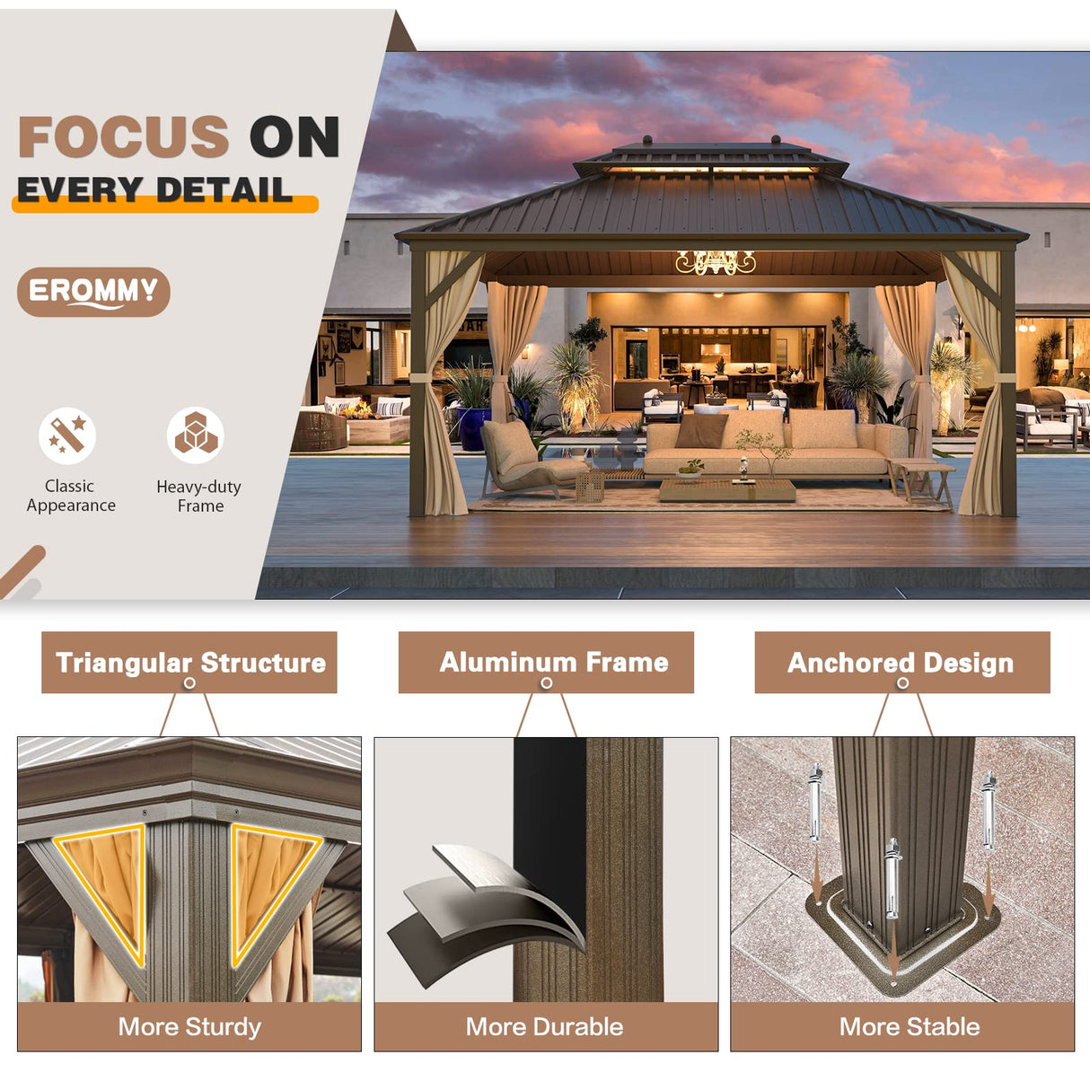 EROMMY 10'x13' Hardtop Gazebo Double Roof Galvanized Steel Canopy Outdoor Aluminum Frame Permanent Metal Pavilion with Netting and Curtains for Patio Backyard Deck and Lawns EROMMY