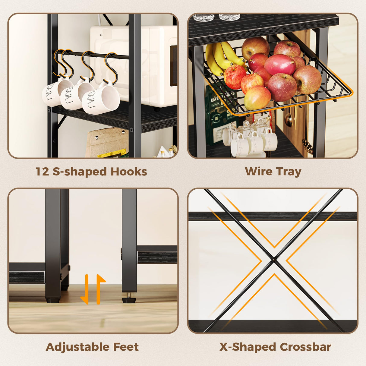 SUPERJARE Larger Bakers Rack with Power Outlets, 6-Tier Microwave Stand, Coffee Bar with 12 S-Shaped Hooks, Kitchen Shelf with Wire Basket, 47.2 x 15.5x 66.9 Inches, Black SUPERJARE