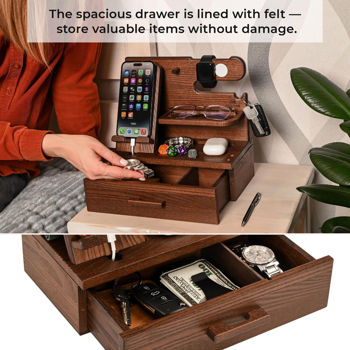 TESLYAR Wood Phone Docking Station with Drawer - Nightstand Organizer - Desk Organizer for Husband - Birthday Gifts for Men, Dad, Anniversary Idea, Key Holder Stand Watch & Accessories (Bourbon Brown) TESLYAR