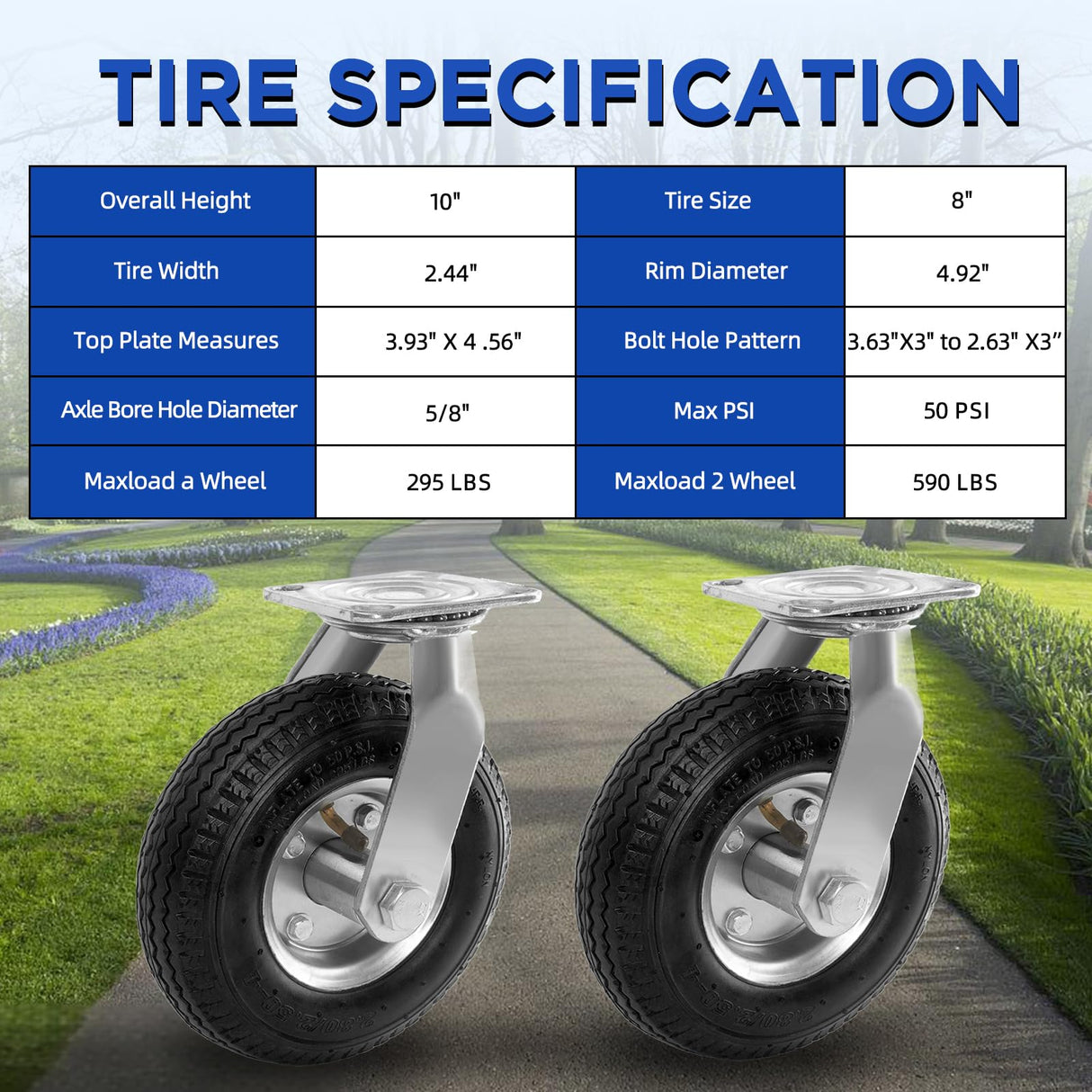 RRQ 8 Inch Caster Wheels, Pneumatic Swivel Caster Wheels with Zinc Top Plate 360 Degree Rotation for Cart, Dolly, Trolley, Workbench and Wagon, Black Rubber Wheels, 590 Lbs Total Capacity (2 Pack) RRQ