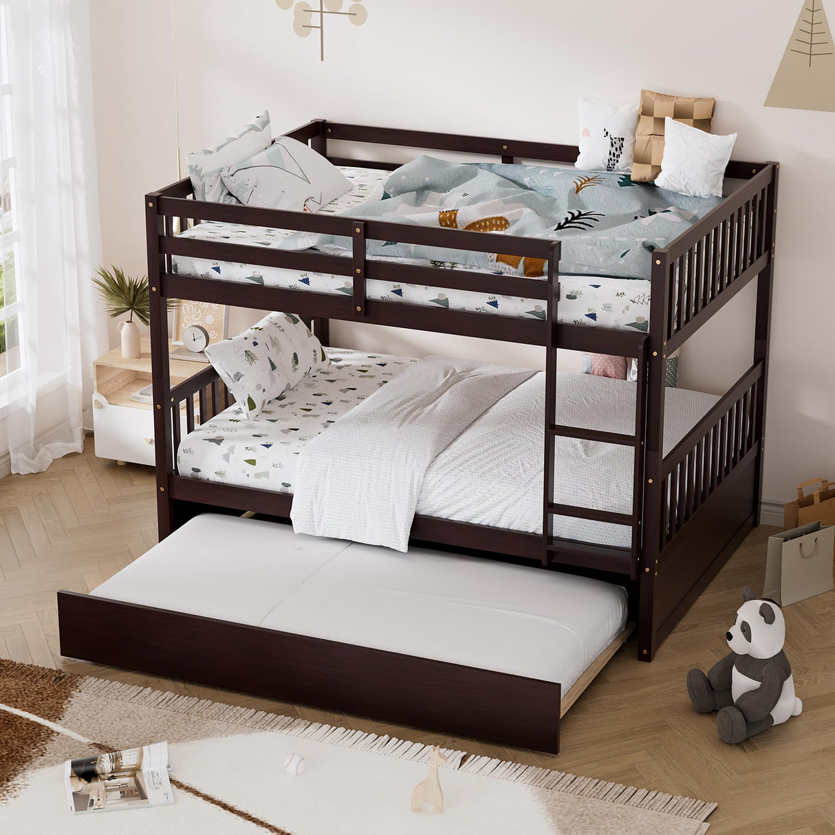 WIILAYOK Full Over Full Bunk Bed with Trundle, Convertible to 2 Full Size Platform Bed, Bunk Bed with Ladder and Safety Rails for Teens, Adults, Brown WIILAYOK