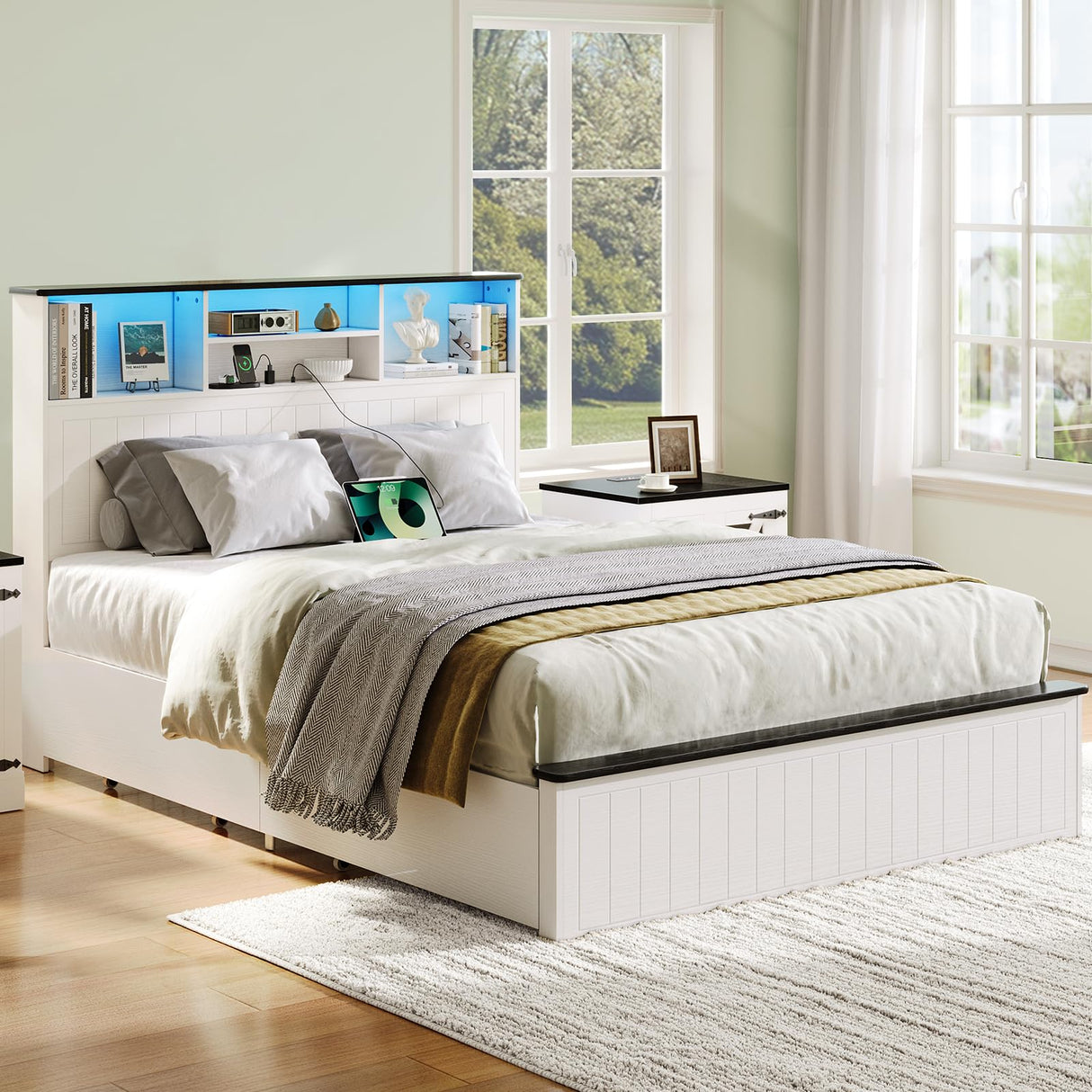Yoobure Queen Bed Frame with Headboard - Farmhouse Wood Bed Frames Queen Size with 4 Storage Drawers, Platform Beds with Charging Station & LED Light, No Noise Double Bedframe, No Box Spring Needed Yoobure