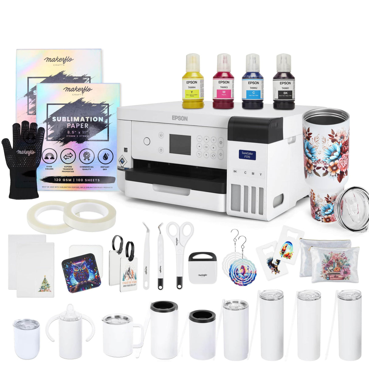 Epson Surecolor F170 Sublimation Starter Kit – Printer with CMYK Ink Set, Design Pack, 10 Sublimation Tumbler Pack, Sublimation Paper, Tape – Perfect for Beginners & Small Business makerflo