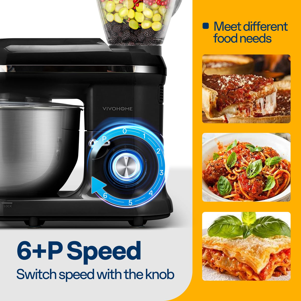 VIVOHOME 3 in 1 Multifunctional Stand Mixer with 6 Quart Stainless Steel Bowl, 650W 6 Speed Tilt-Head Meat Grinder, Juice Blender, Black VIVOHOME