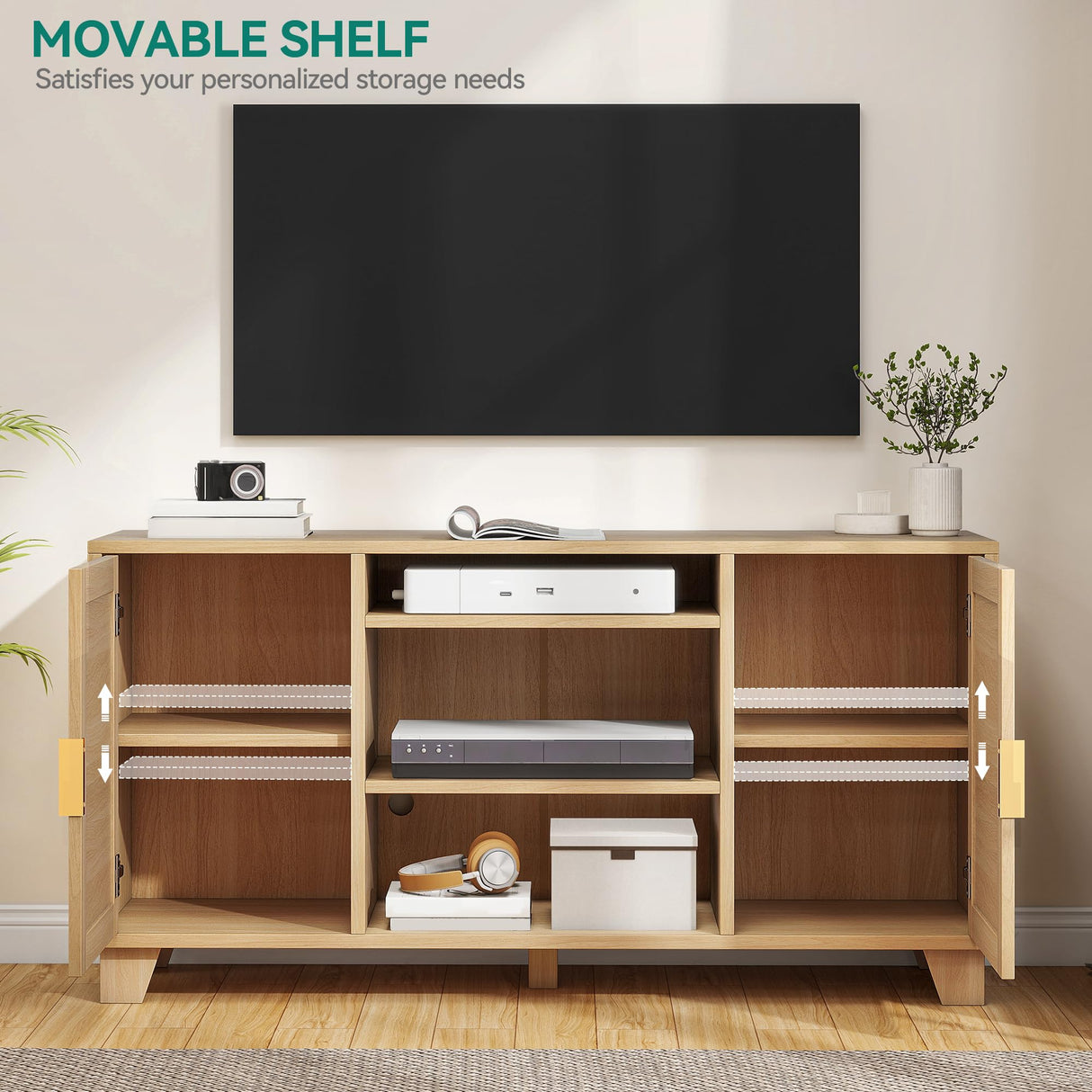 YITAHOME TV Stand for 65 Inch TVs, Boho Entertainment Center with Rattan Doors, Storage Cabinets and Adjustable Shelves, Long Boho Media Console for Living Room YITAHOME