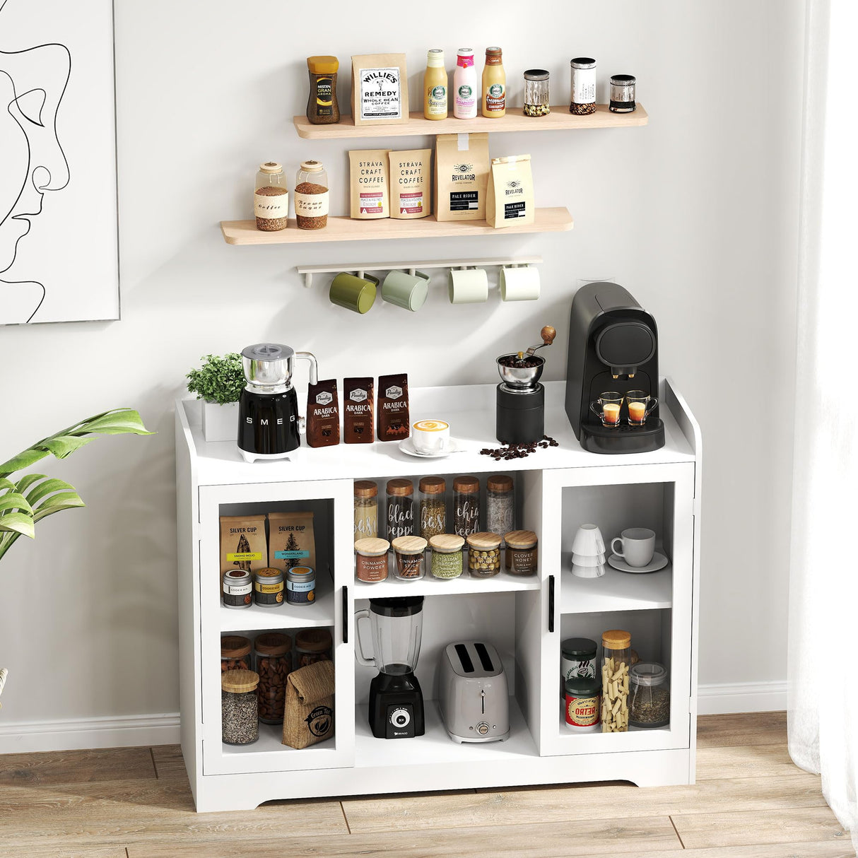 Ludatido Wine Bar Cabinet for Home, Liquor Cabinet with LED Lights, Power Outlet, Storage, Glass Door for Living Room, Dining Room, Home Bar - White Ludatido