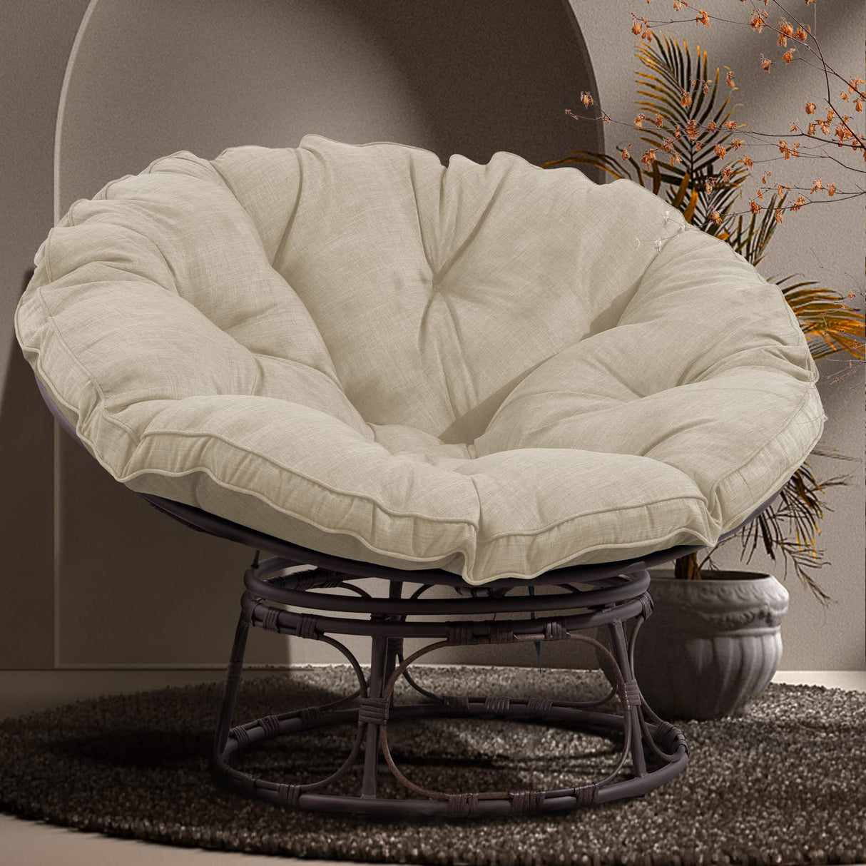 Joyside Papasan Chair with Cushion and Frame, 46'' Wicker Papasan Lounge Chair Large Saucer Chair, Brown Frame with Beige Cushion Joyside