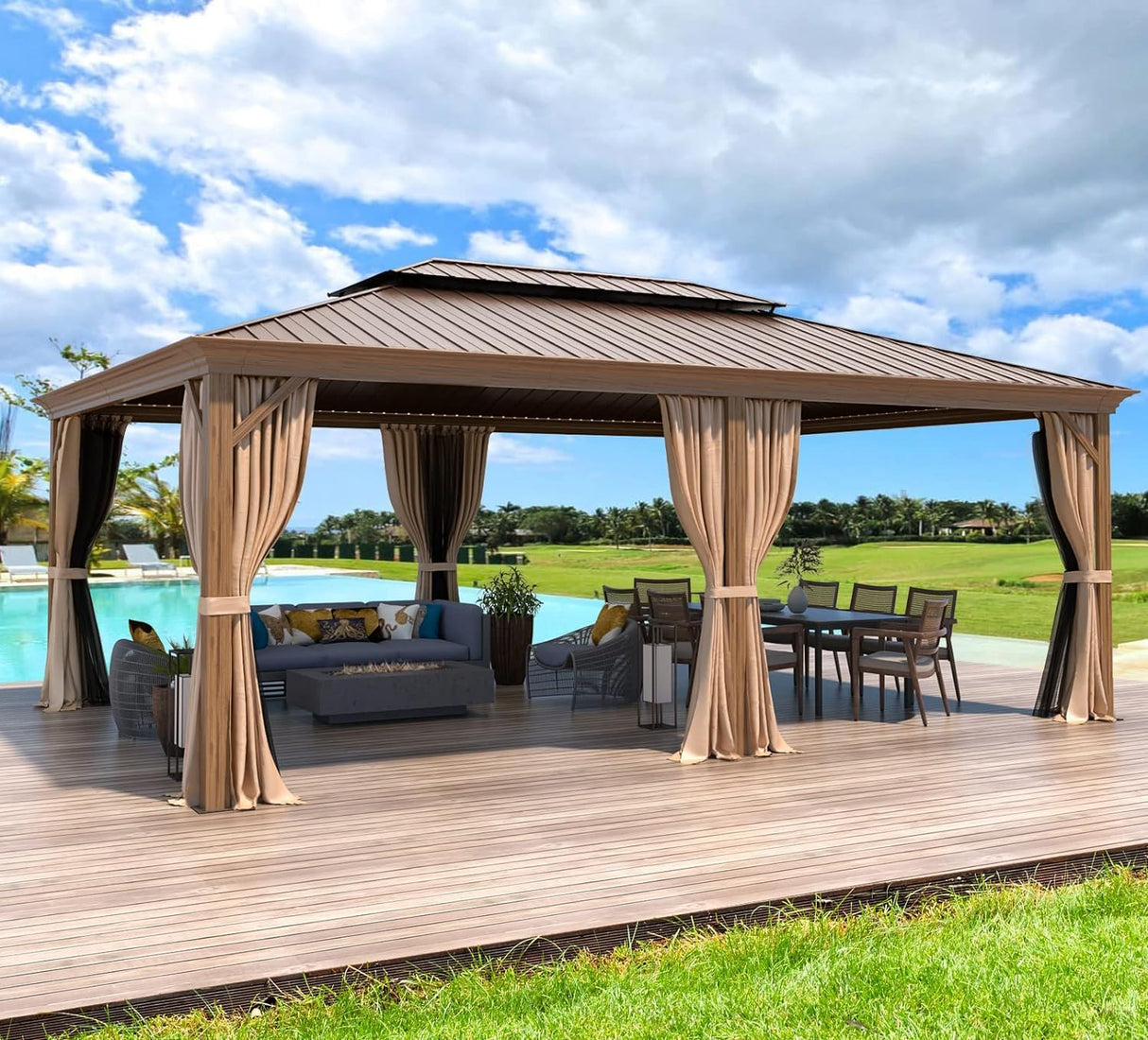 MELLCOM 14' x 20' Hardtop Gazebo, Wooden Finish Coated Aluminum Frame Gazebo with Galvanized Steel Double Roof, Brown Metal Gazebo with Curtains and Nettings for Patio, Lawn & Garden MELLCOM