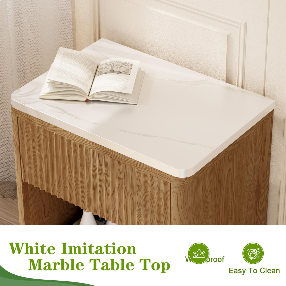 Yusong Night Stand, Wood Fluted Nightstand, 22" Large Bedside Table End Table with Faux Marble Top, Modern Night Stands with Drawer Storage for Bedroom Living Room, Natural Oak (1) Yusong