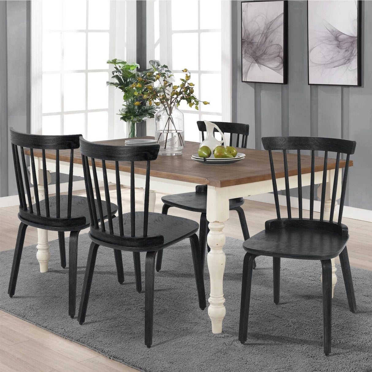 Bekrvio Black Dining Chairs Set of 4 Windsor Chairs with Bentwood Legs, Farmhouse Spindle Back Dining Chair, Vintage Mid-century Country Style, Solid Wood Armless Kitchen Side Chairs for Living Room Bekrvio