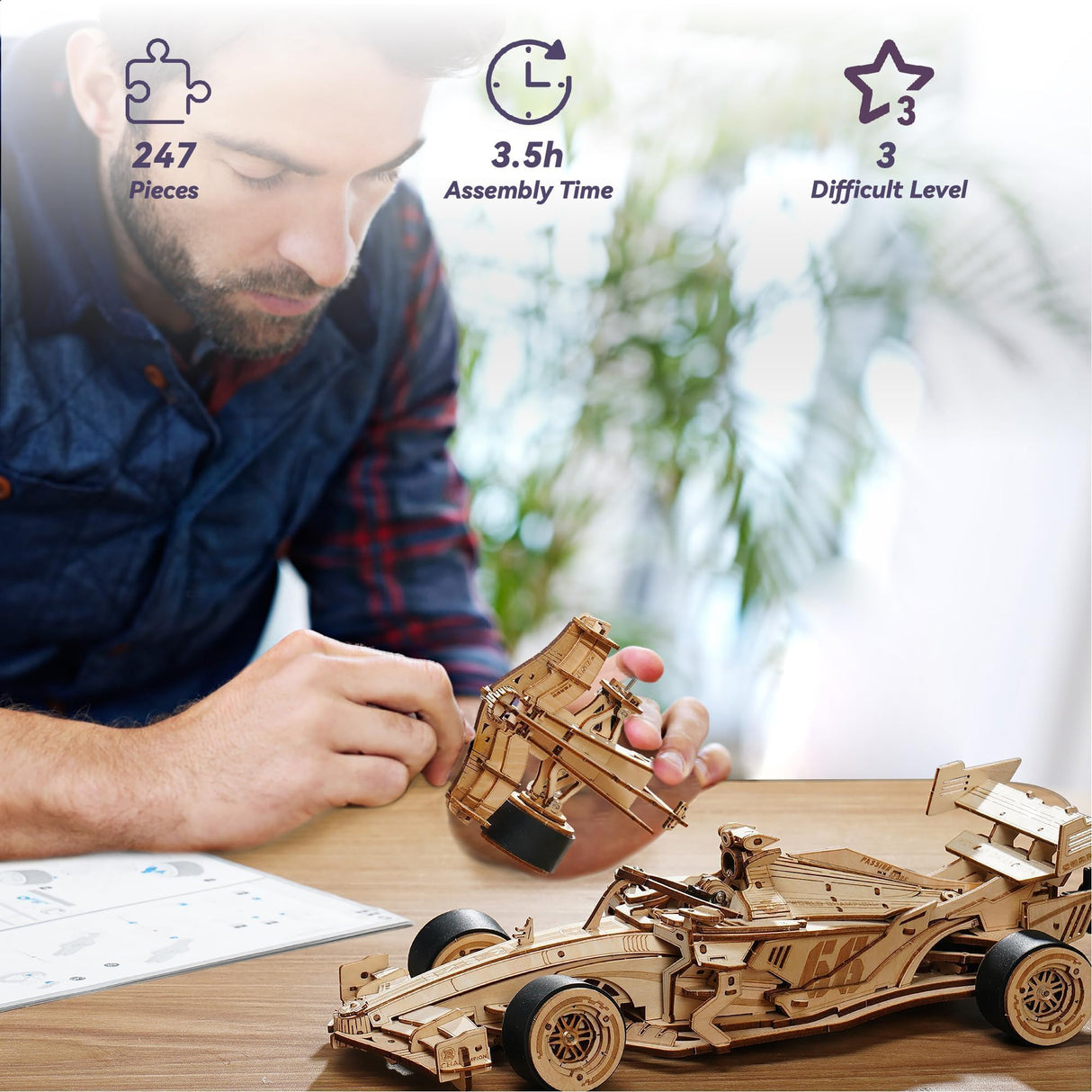 ROBOTIME 3D Puzzles for Adults, 1:18 Scale Wooden Racing Car LK505, Wood Mechanical Model Car Kits to Build, Cool Crafts for Teens & Adults Project Kits Model Building Set ROBOTIME