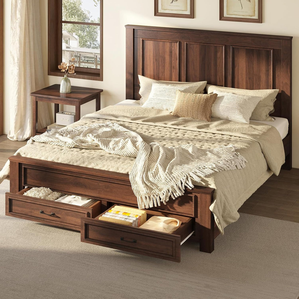 AMERLIFE Farmhouse Full Size Bed Frame with 52.2" Tall Headboard & Footboard, Wood Platform Bed Frame with 2 Large Storage Drawers, Noiseless, No Box Spring Needed, Rustic Brown AMERLIFE