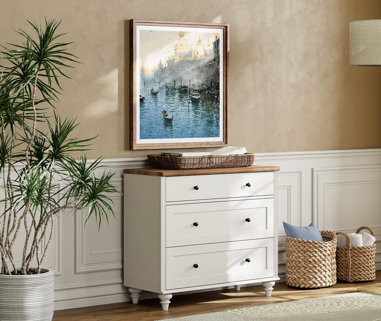 WAMPAT Dresser for Bedroom with 3 Drawers, White Kids Dressers with Wide Chest of Drawers, Mid Century Modern Wooden Closet Storage Organizer, Small Dressers for Living Room, Nursery, Hallway WAMPAT