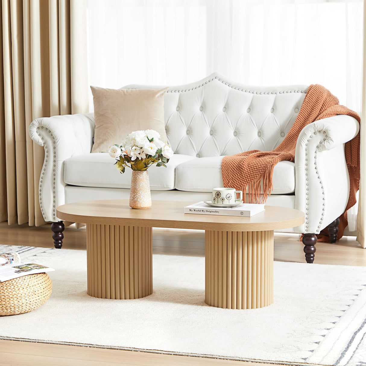 AVZEAR Fluted Oval Coffee Table for Living Room, Boho Modern Coffee Table with Fluted Legs, Curved Round Wood Center Table for Home, Small Spaces, Office, Natural Color(39.38" x 19.69" x 13.78") AVZEAR