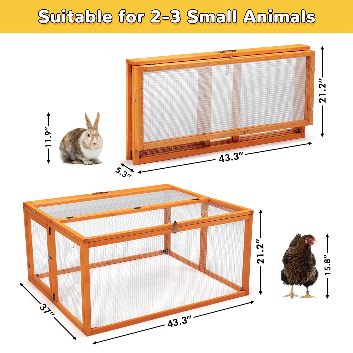 Nyeekoy Portable Chicken Coop with UV-Proof Panel, 4X Garden Stakes, Wooden Rabbit Hutch, Chicken Brooder Box Indoor, Outdoor Folding Chicken Cage, Top & Side Openable Doors, 45.3Inch (Orange) Nyeekoy