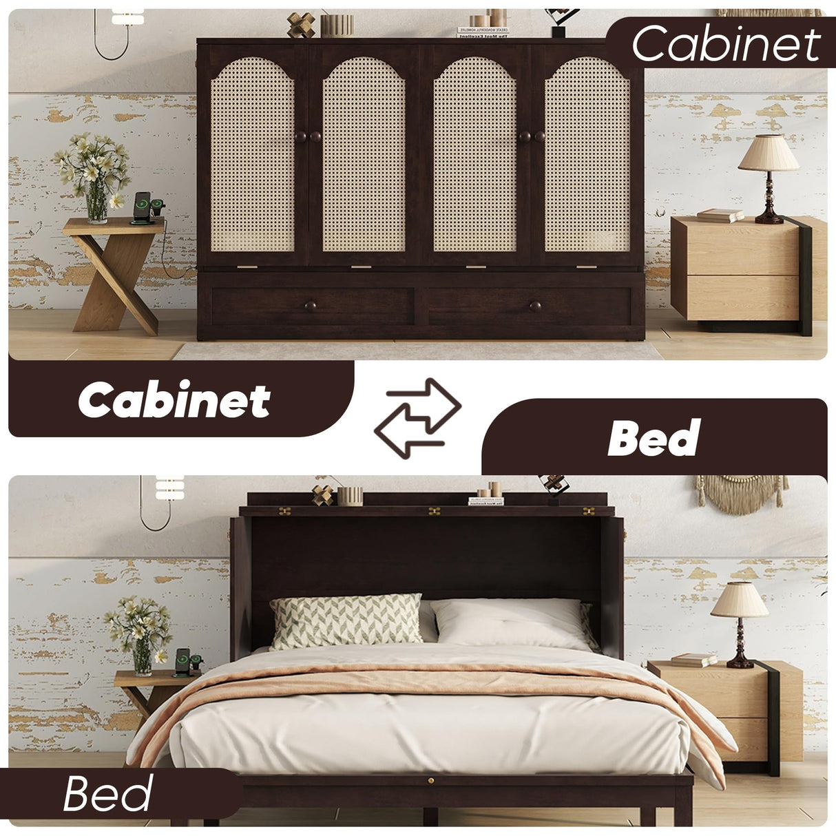 ZEIINPA Queen Murphy Bed Chest with Charging Station & Large Drawers, Wooden Cube Cabinet Bed with Foldable Bedframe for Apartment Living Room Bedroom(Mattress not Included) Espresso ZEIINPA