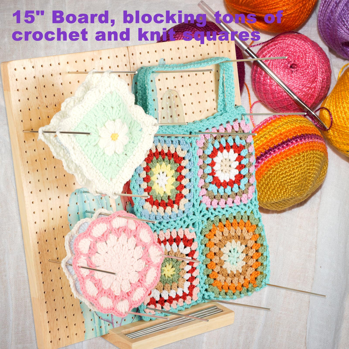 Svartur 15" Foldable Crochet Blocking Board with Pegs & Storage Pouch, Large Granny Square Blocking Board for Crocheting, Wooden Knitting Blocking Mat for Wet Blocking Crochet and Knit Squares Svartur