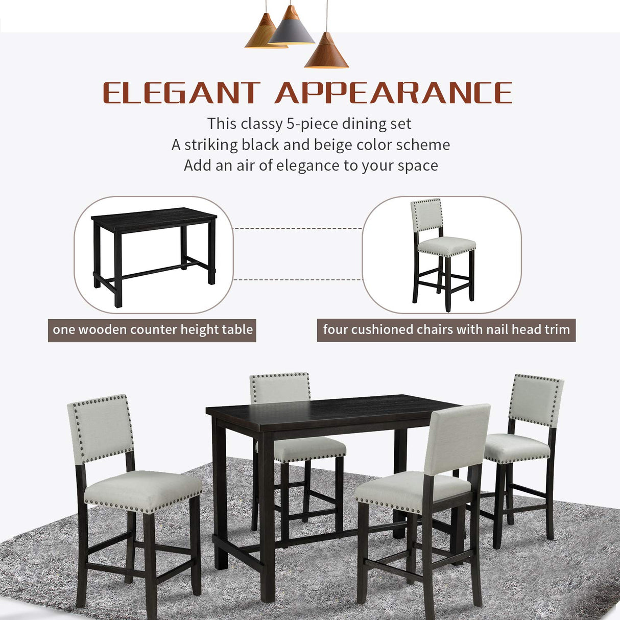 Merax 5 Piece Dining Table Set for 4,Counter Height Kitchen Table Set with One Rectangle Table and 4 Cushioned Chairs for 4 Persons Dining Room Table Set for Small Place Merax
