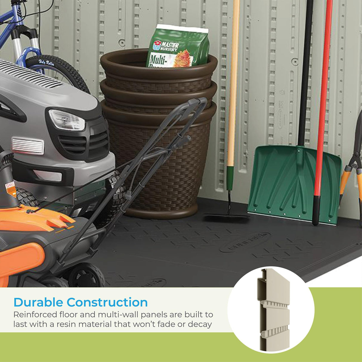 Suncast 8x13 Ft Resin Plastic Shed - Large Outdoor Shed with Floor Included, Lockable Double Doors & Skylights. 715 Cu Ft Tremont Outdoor Storage Sheds for Lawn Tools, Bikes, Riding Mowers, & Tractors Suncast