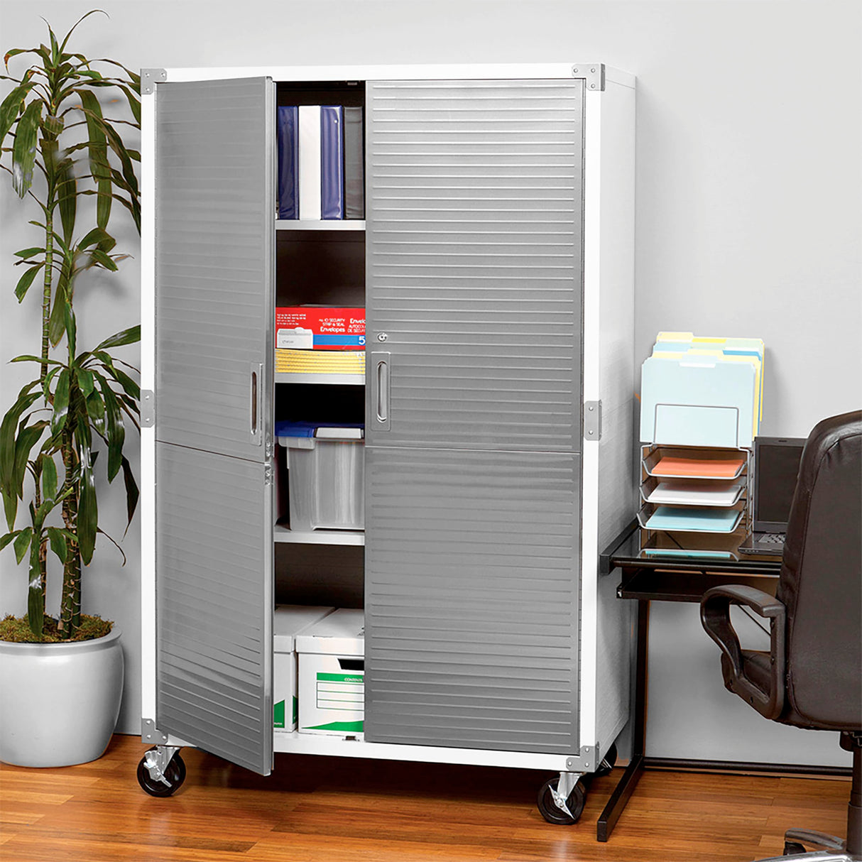 Seville Classics UltraHD Solid Steel Lockable Metal Storage Cabinet Locker Organizer w/Adjustable Shelves for Garage, Warehouse, Office, Classroom, 48" W x 24" D x 72" H, White Seville Classics