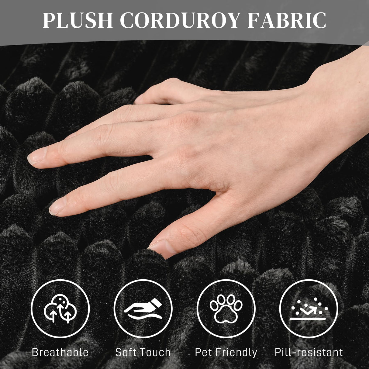 Modular Sectional Sofa Cloud Sectional Couch, 107" Comfy Fluffy L Shaped Black Couches for Living Room, Deep Seat Memory Foam Plush Corduroy Boneless Couch Sectionals with Left Facing Chaise Sofa HYJT-H&K