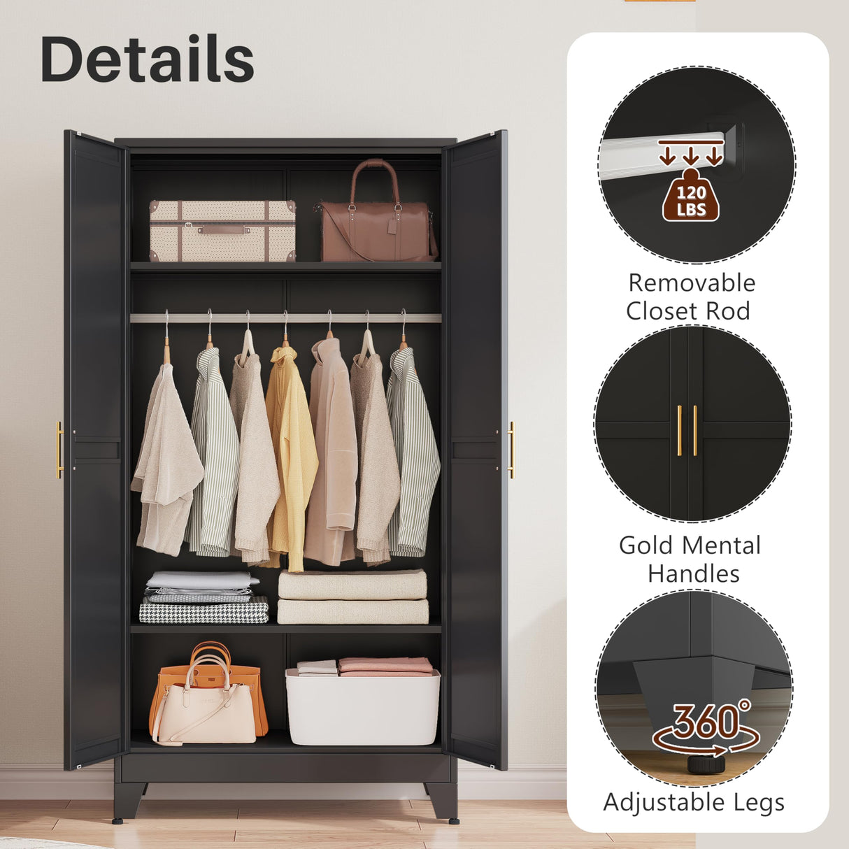 winiowa Metal Armoire Wardrobe Closet with 2 Doors, 71"' Wardrobe Cabinet with Adjustable Shelves and Hanging Rod, Clothing Storage Cabinet Closet for Bedroom-Black winiowa