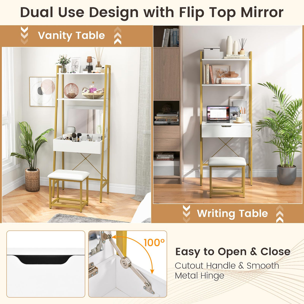GOFLAME Vanity Table Set with Flip Top Mirror, Ladder Vanity Desk and Cushioned Stool Set with Shelves and Hidden Storage Compartments, Makeup Dressing Table Set for Bedroom, Small Spaces, White+Gold GOFLAME