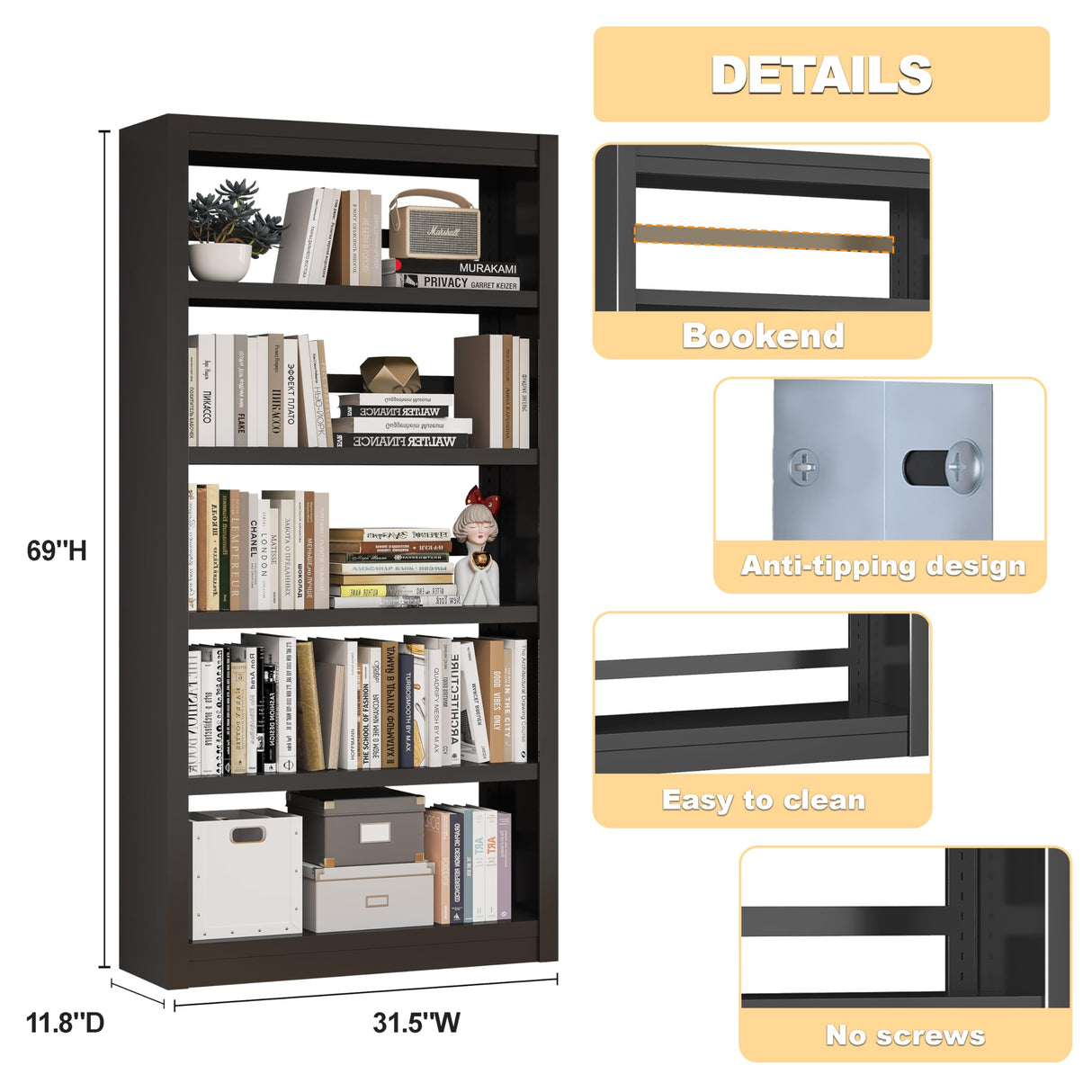 CBNTKI 5 Tier Metal Bookshelf,69'' Tall Heavy Duty Bookcase with Adjustable Shelves,Black Large Modern Bookshelves,Industrial Open Bookcases for Library,Office,Study Room,Living Room CBNTKI