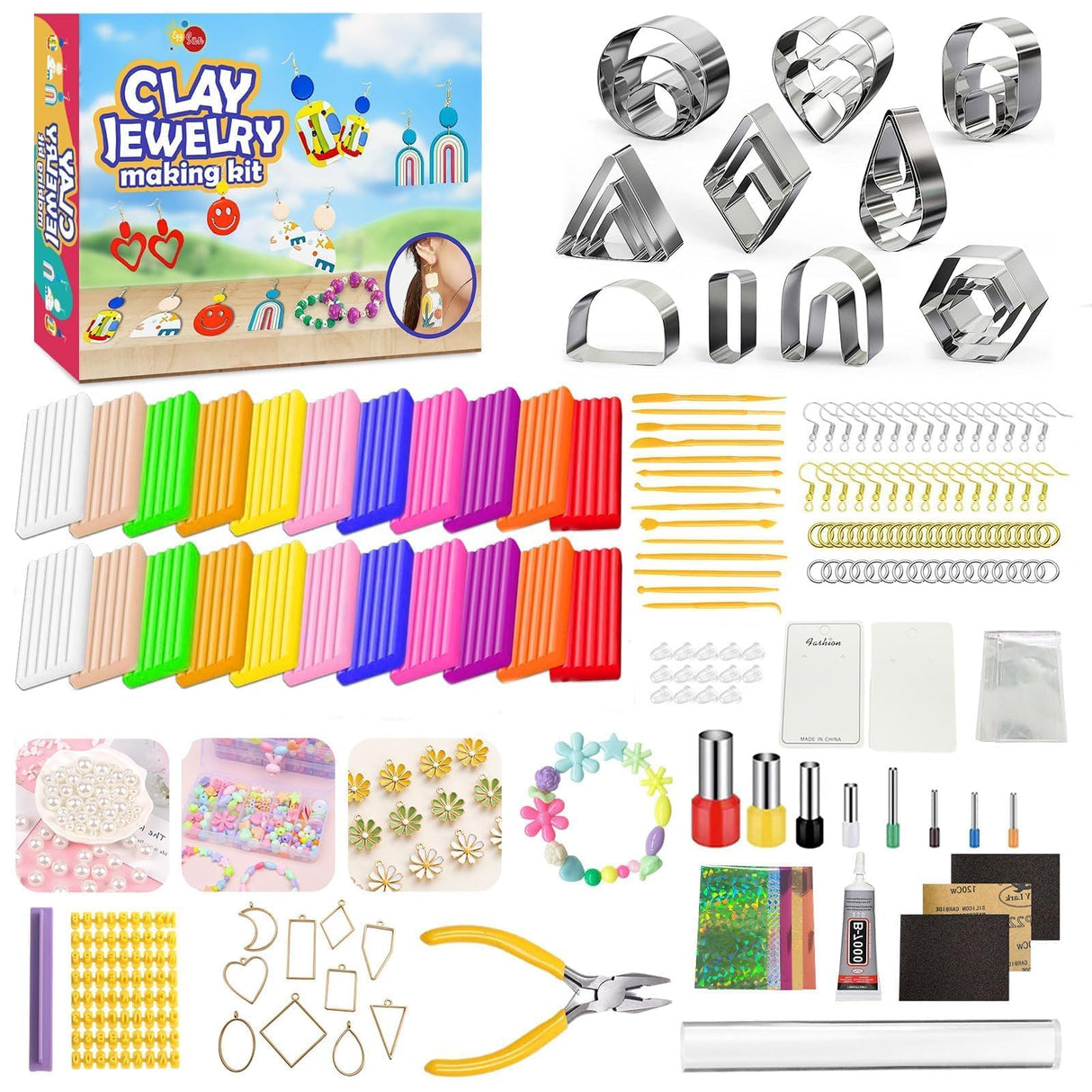 EggSun Polymer Clay Earring Kit & Clay Jewelry Making Kit with Cutters, 500+Pcs Jewelry Craft Supplies with 24 Oven-Bake Colors Cutters Ear Hooks Charms Beads Tools Instructions for Beginners & Adults EggSun