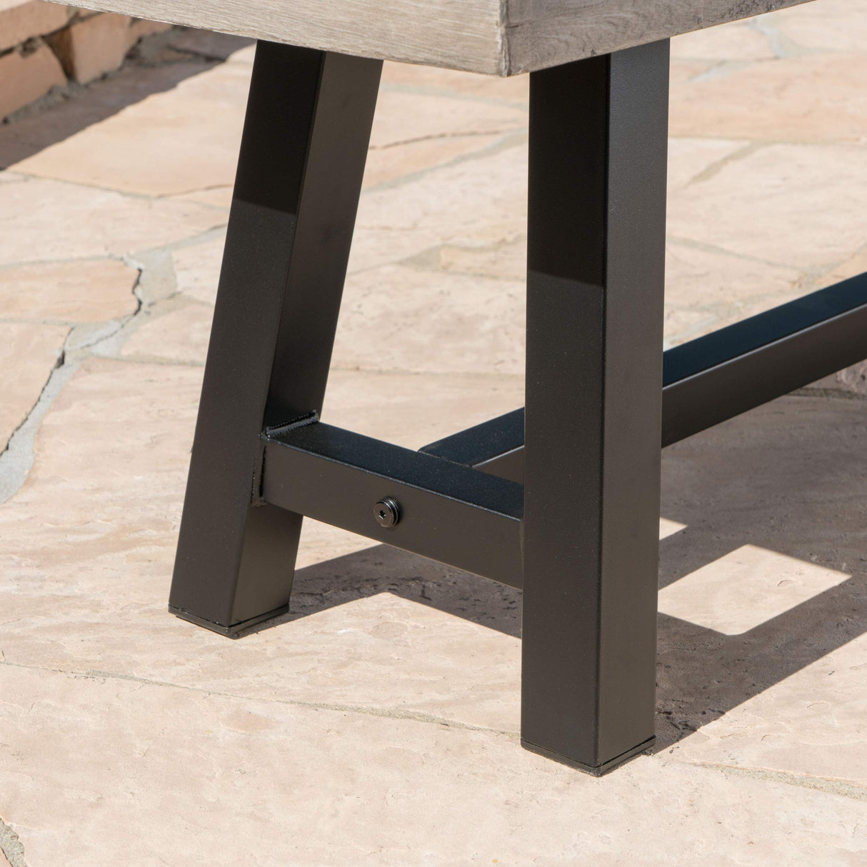 Christopher Knight Home Louise Outdoor Wicker Dining Set with Acacia Wood Table and Bench and Water Resistant Cushions, 6-Pcs Set, Sandblast Light Grey / Black Rustic Metal / Grey / Grey Cushions Christopher Knight Home