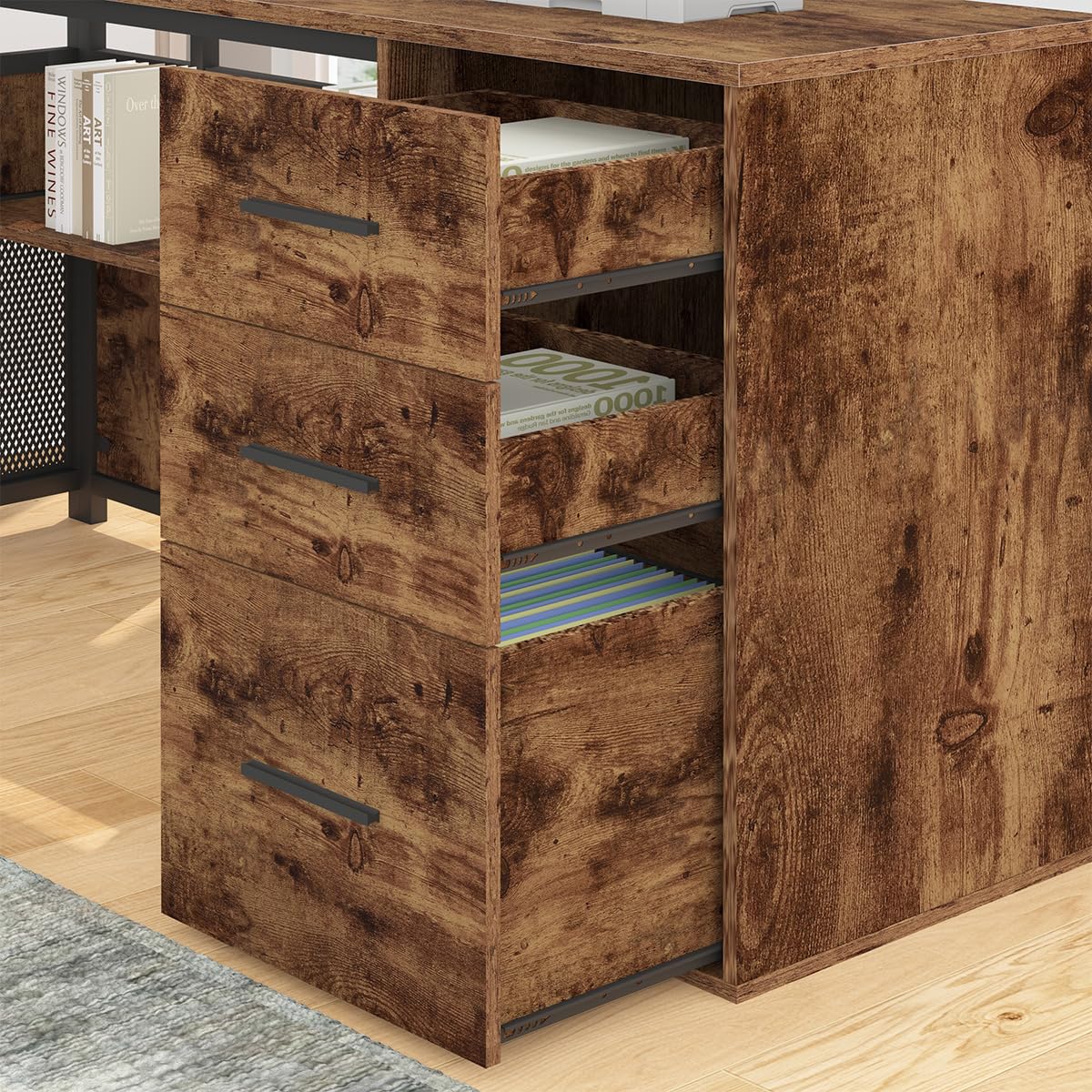 HSH L Shaped Computer Desk with File Drawers, Large Metal Wood L Shape Table with Storage Cabinet Shelves, Reversible Corner Home Office Executive Writing Study Workstation Desk, Rustic Brown, 59 Inch HSH