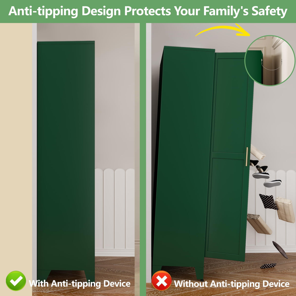 71" H Metal Armoire Wardrobe Closet, Adjustable Shelve, Clothes Drying Pole, Steel Wardrobe Cabinet for Bedroom (Green) Ckzbx