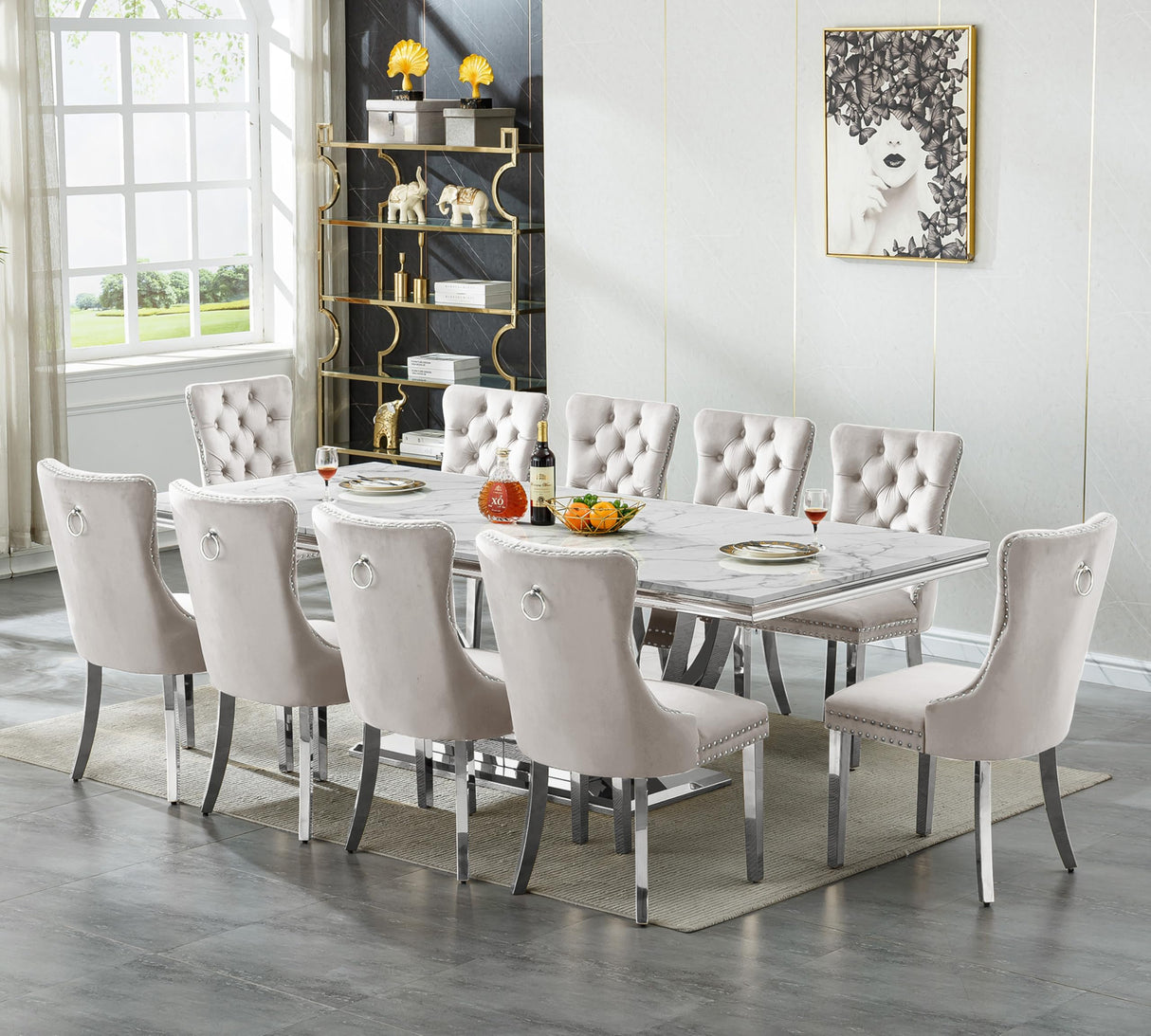 KUVADAZ 94" Modern White Silver Faux Marble Dining Room Table Set for 10, 11-Piece Rectangle Kitchen Dining Room Table Set with Dual U-Shaped Stainless Steel Legs and 10 Beige Velvet Dining Chairs KUVADAZ