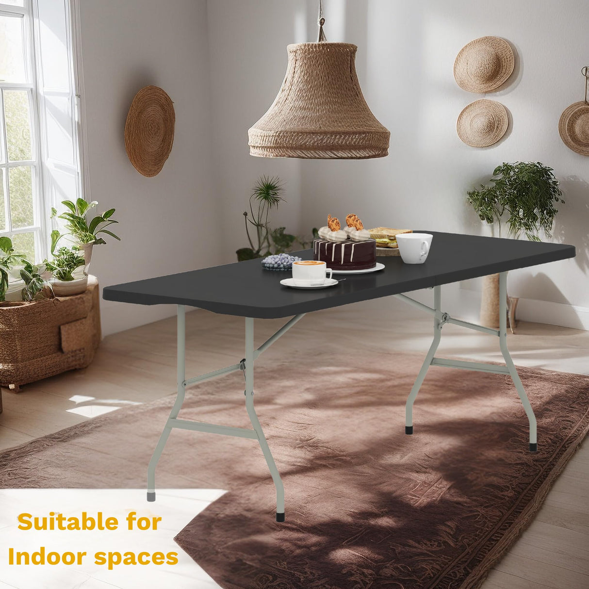 DWVO 6FT Folding Table, Heavy Duty Folding Tables with Carrying Handle, HDPE Fold up Table for Outdoor Camping Picnic Parties, Indoor Events (Black) DWVO