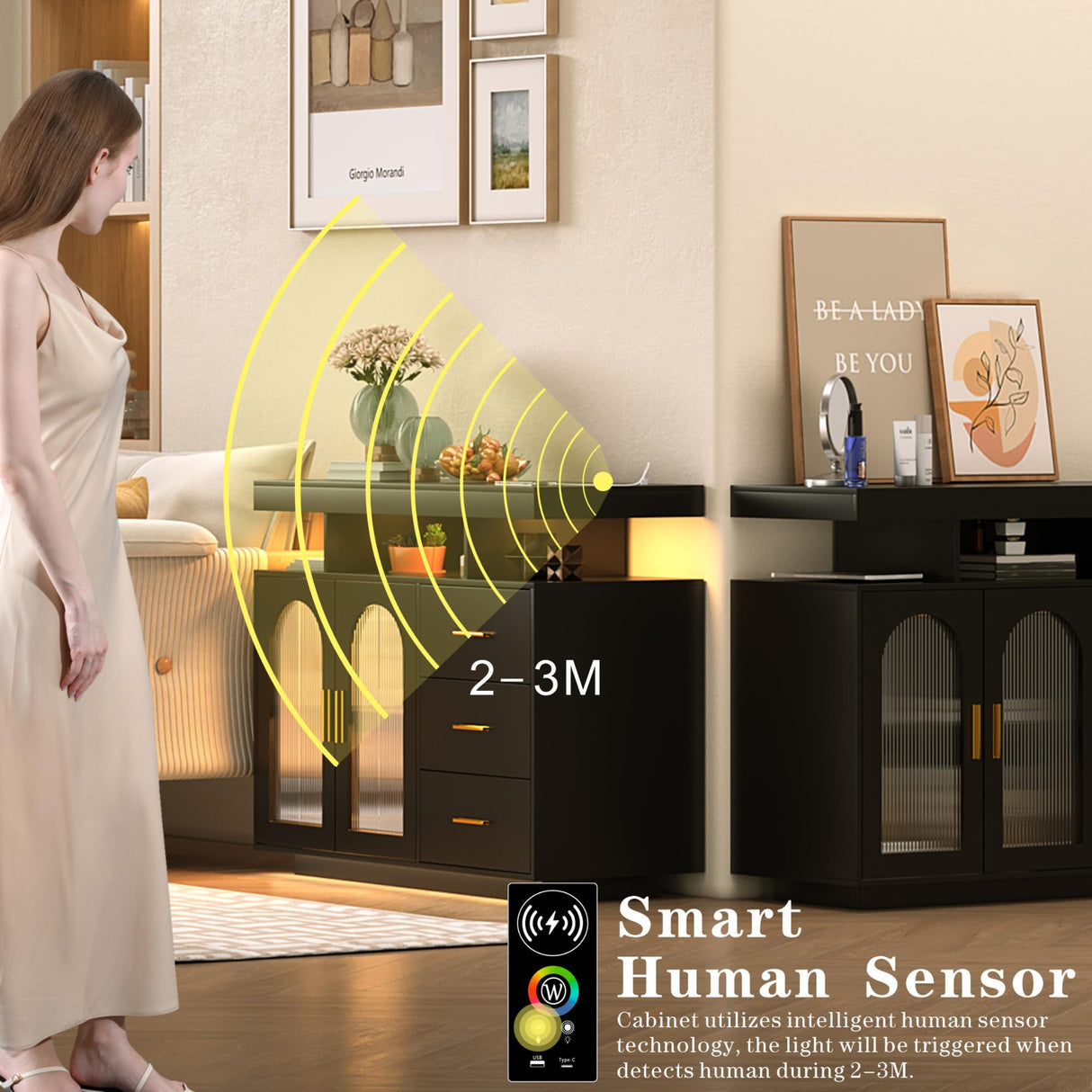 HWB Black RGB LED Coffee Bar Cabinet with Large Storage & Charging Station for Kitchen and Dining Room HWB