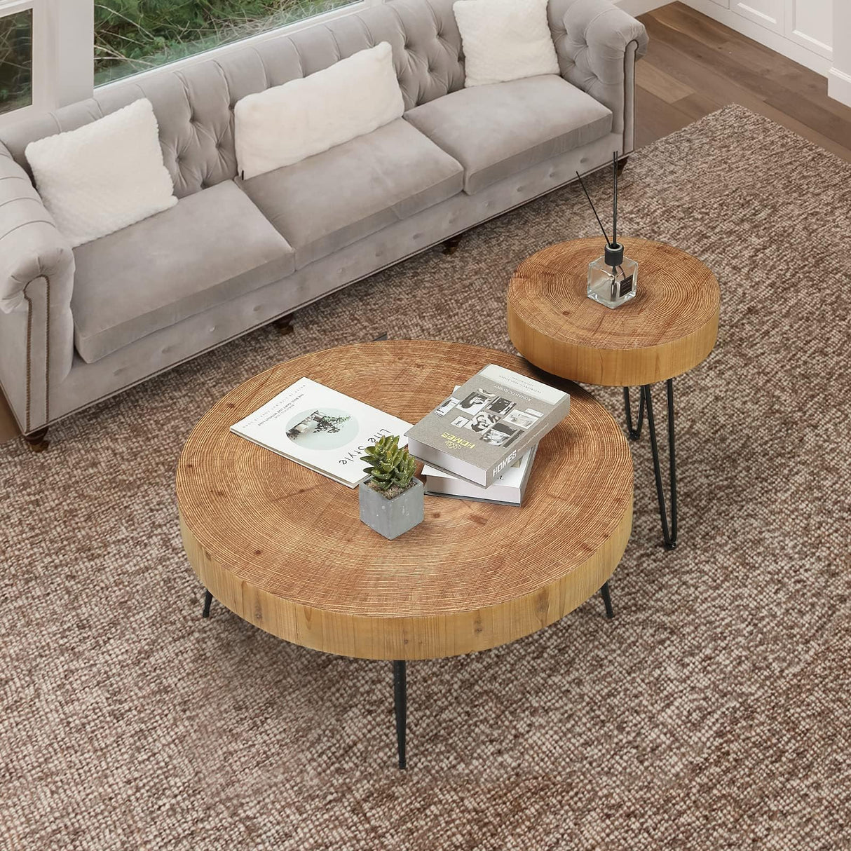 RUSTOWN Farmhouse Round Coffee Table Set of 2, Cocktail Table Set, Modern Circle Natural Wood Finsh Side and End Table Sets for Living Room(Planar, Natural) RUSTOWN