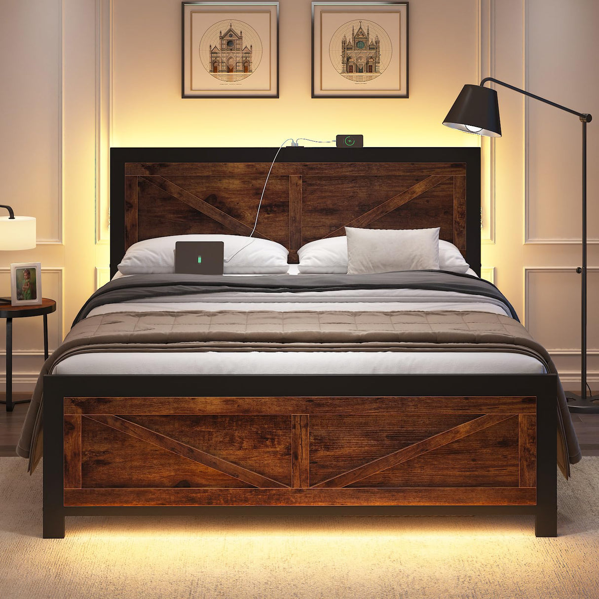 DOGIBIXO Rustic Brown Full Size Bed Frame with LED Lights, Charging Station, and Vintage Barn Door Headboard DOGIBIXO