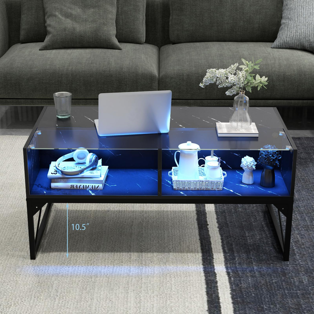 Tangkula LED Coffee Table, High Glossy Center Table with 4 Storage Cubes, Faux Marble & Tempered Glass Top, Adjustable Light Colors, Remote Control, Modern Cocktail Table for Living Room (Black) Tangkula