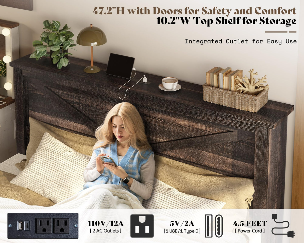 AMERLIFE 47.2" H King Bed Frame with Hidden Space Bookcase Headboard and Charging Station, Beds with 2 Storage Drawers and Wood Slats, No Box Spring Needed, Dark Oak AMERLIFE